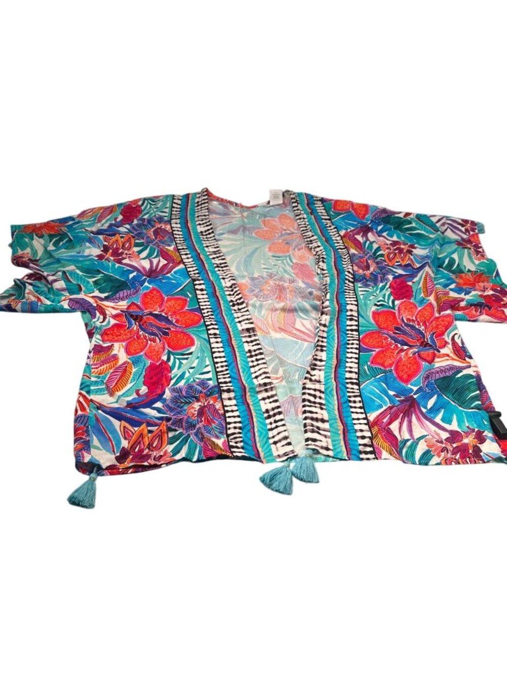 La Blanca Tropics Tropez Kimono Womens Floral Tropical Cover Up Tassels Cardigan